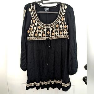 Angie black long sleeve rayon embroidered dress boho style Ladies Medium